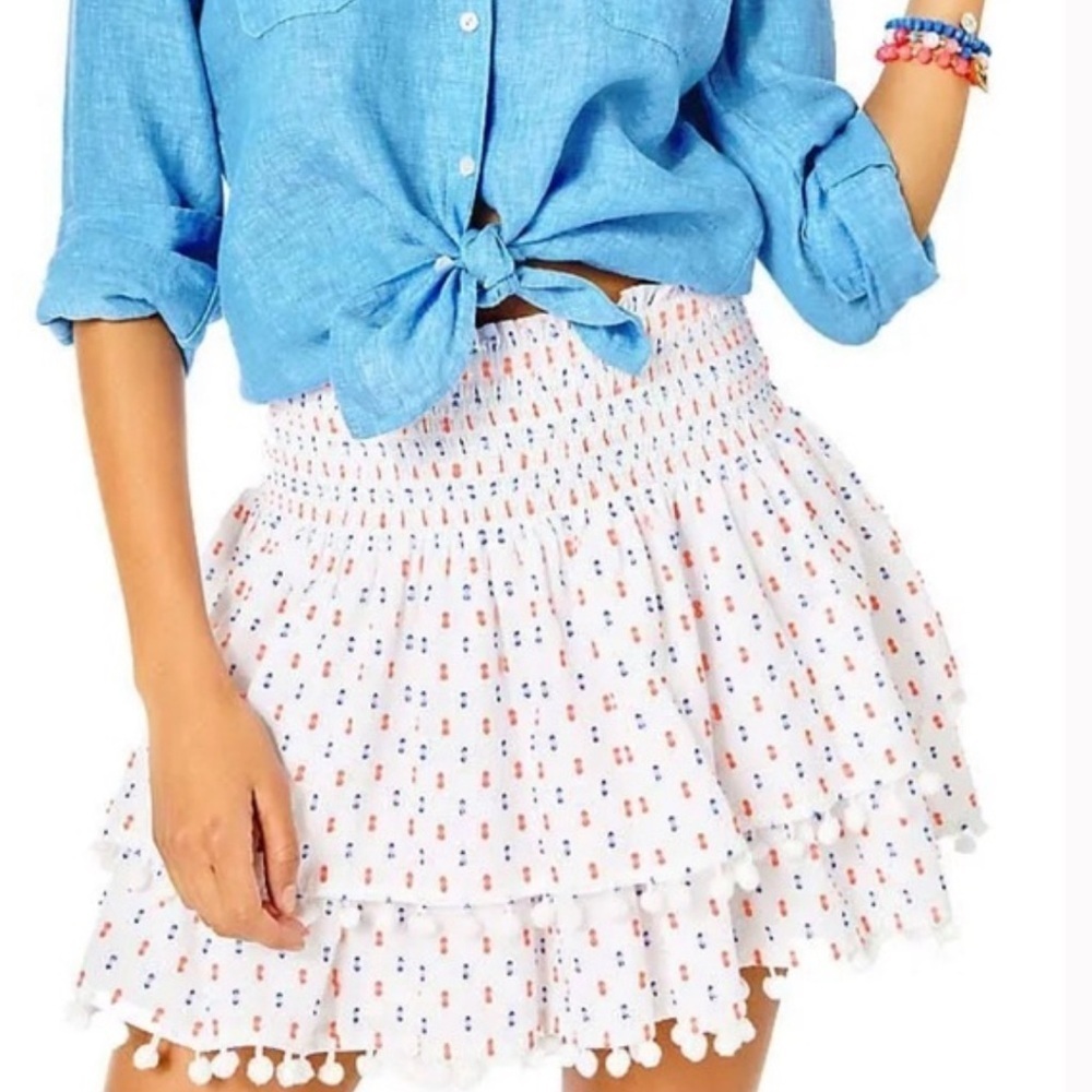 Lilly Pulitzer Ethenia White Blue Orange Patterned Skirt with Pom Poms